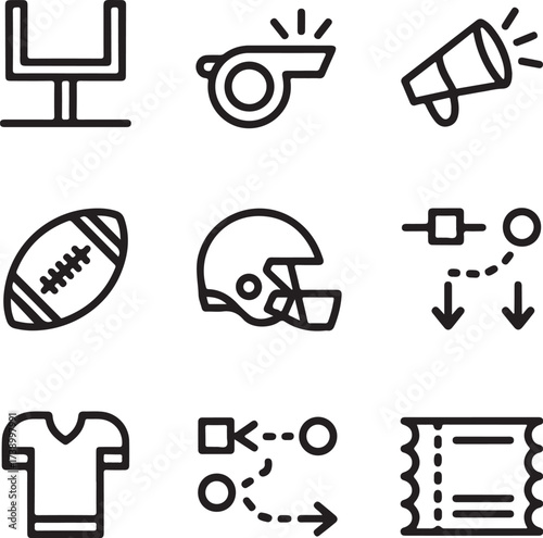 Football icons: goals, whistle, helmet, ball, plays