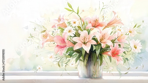 Elegant bouquet of pink lilies in clear glass vase