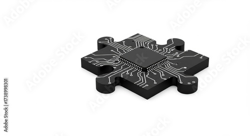 Integrated circuit puzzle piece symbolizes technological innovation and complex solutions
