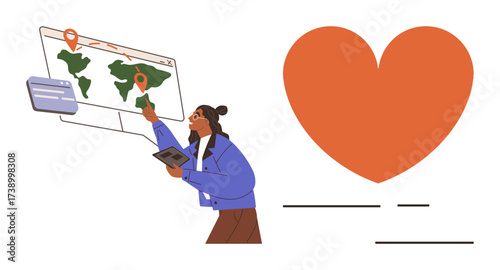 Woman holding tablet, marking location on map, searching travel destination. Ideal for travel planning, adventure, global connection, navigation, passion, exploration simple flat metaphor