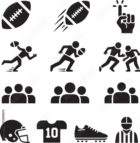 American football icons action, players, gear, fans, referee