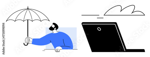 Man extending umbrella for protection under a cloud near a laptop. Ideal for security, technology, risk management, protection, insurance, connectivity, remote work. Simple flat metaphor