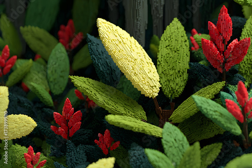 Voxel Art Jungle Scene with Red Flowers, Green and Yellow Leaves - Digital 3D Rendered Nature Illustration