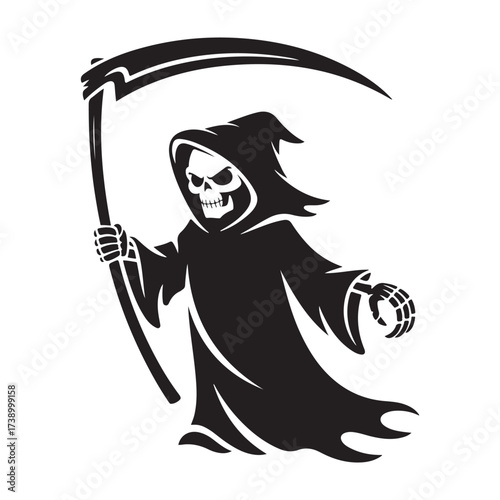 Grim reaper holding a scythe and an hourglass silhouette