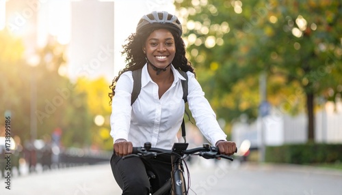 Smiling woman riding bicycle in city, wearing helmet, enjoying commute.