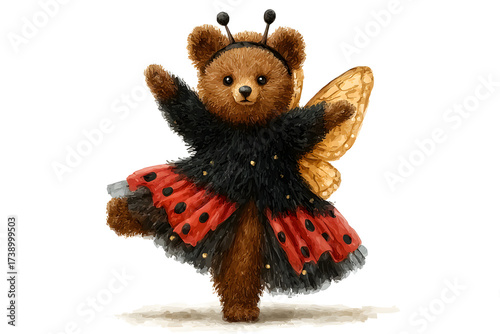 Adorable Teddy Bear Dressed as Ladybug with Wings, Dancing, Watercolor Style, Cute Animal Character, Playful Costume, Isolated on White Background,