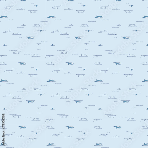 Seamless Marine Pattern with Whales, Sharks, Dolphins and Waves – Minimalist Ocean-Themed Background