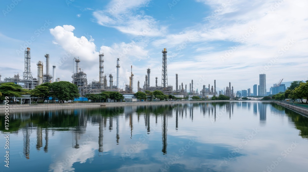 Obraz premium Oil refinery plant with an industrial landscape and city skyline reflected in water. Energy production and industrial infrastructure.