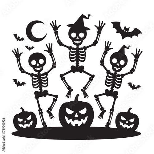 Three dancing skeletons with pumpkins and bats halloween silhouette