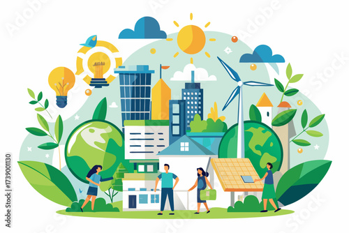 Eco-city concept with renewable energy, innovation, and people's involvement Keywords: city, urban, eco-friendly, green, sustainable, renewable