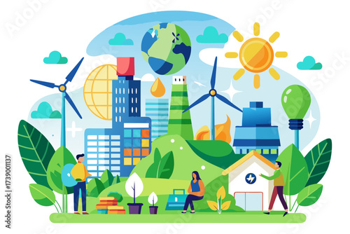 Eco-conscious community in a city powered by wind, solar, and clean energy