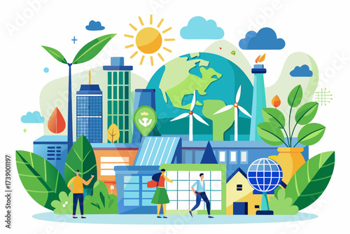 Green city concept with renewable energy sources and community interaction Keywords: city, urban, eco-friendly, green, sustainable, renewable