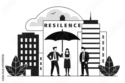 Monochrome illustration of people under a black umbrella with buildings and clouds