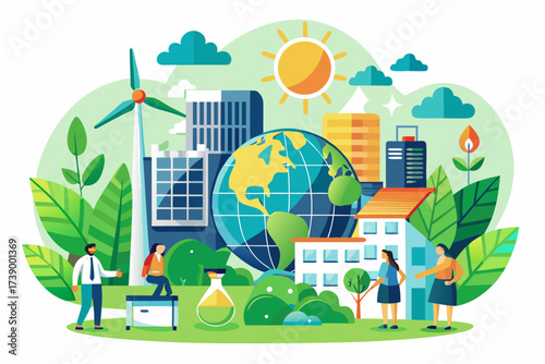 People collaborating in a green city powered by renewable energy and nature