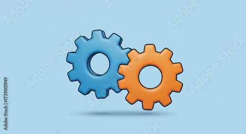 Two interlocking gears in blue and orange symbolize teamwork and business synergy