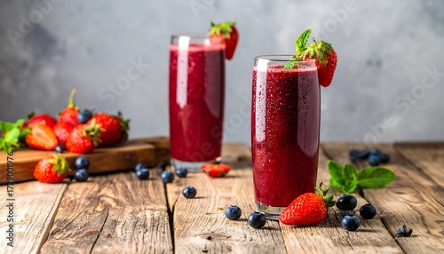 Wallpaper Mural Two Vibrant Berry Smoothies with Fresh Fruits on Wood Surface Torontodigital.ca