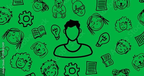 Animation of cartoon pencil writing on diverse icons on transparent background