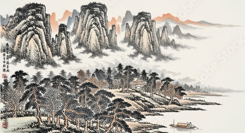 Traditional Chinese ink painting of majestic mountain landscape in serene nature