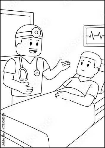 A blocky doctor caring for a patient, created as a black-and-white coloring page.
