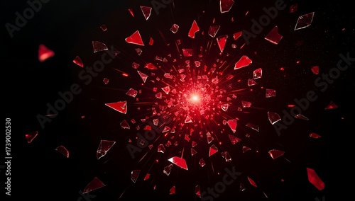 Shattered red glass fragments flying in all directions against a black background, symbolizing rage and uncontrollable anger.
