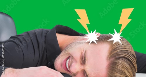Animation of caucasian man in pain and yellow flashes on transparent background