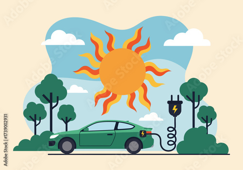 A green electric car harnesses clean energy from a radiant sun, illustrating a future of sustainable transportation in harmony with nature.