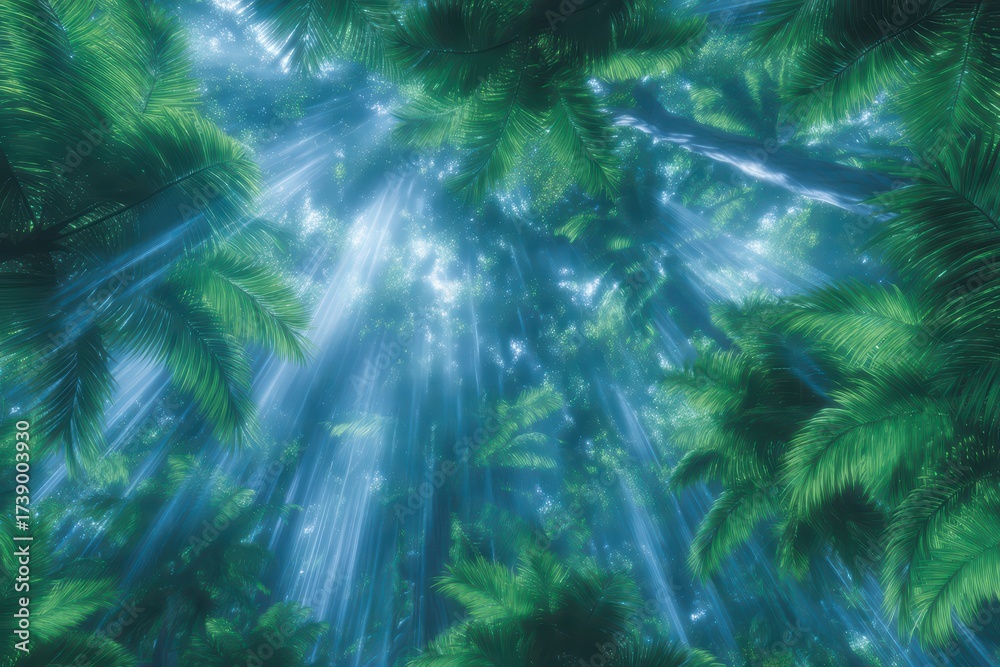 Obraz premium Sunlight Filters Through Lush Green Canopy in Vibrant Tropical Forest Scene