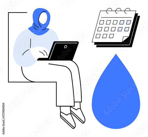 Woman in hijab working on a laptop, adjacent to a calendar and water drop. Ideal for productivity, planning, remote work, organization, sustainability, time management and resource awareness. Simple