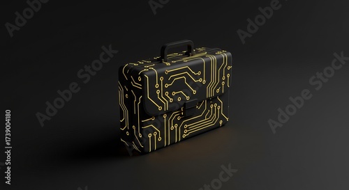 Sleek black briefcase with glowing golden circuit board design on dark background