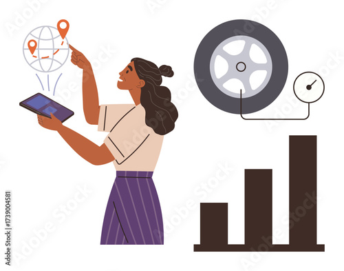 Woman interacts with map on tablet, analyzing locations. Nearby are a tire with a pressure gauge and a rising bar chart. Ideal for logistics, transport, data analytics, teamwork, innovation