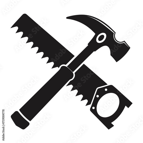 Hammer and saw silhouette, woodworker tool icon, woodworking vector symbol. 
