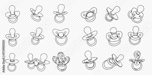 Outlined pacifiers in various shapes and styles, arranged in a grid pattern.