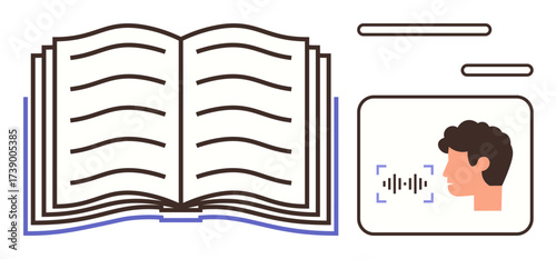 Open book with lines representing text beside speech recognition interface with a profile speaking and sound waves. Ideal for education, voice learning, e-reading, technology, language learning, AI