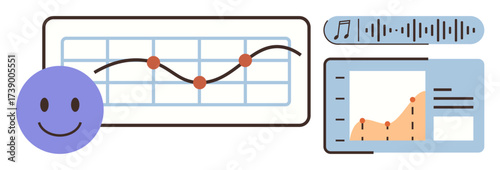 happy face, line graph with data points, bar chart, and sound wave display represent data analysis, progress, feedback, multimedia tools, and user sentiment. Ideal for analytics reports user