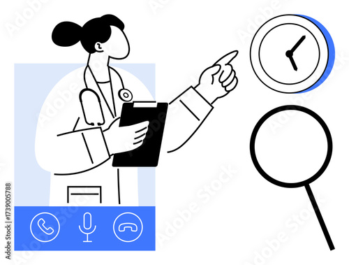 Doctor holding clipboard, pointing at clock with a magnifying glass nearby, phone and microphone icons. Ideal for telemedicine, scheduling, time tracking, virtual consultations, workflow efficiency