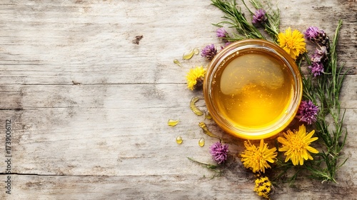 Golden honey in glass bowl with herbs and flowers on wooden background