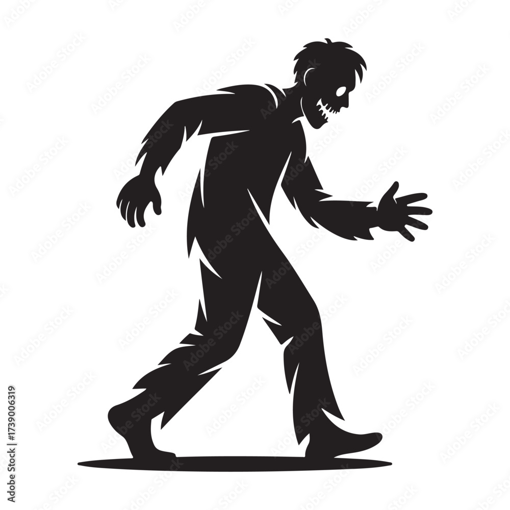 Fototapeta premium Creepy walking zombie figure in a stark black silhouette against a white background