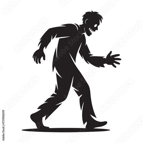 Creepy walking zombie figure in a stark black silhouette against a white background