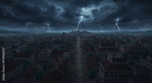 Anime city landscape with lightning storm at dusk