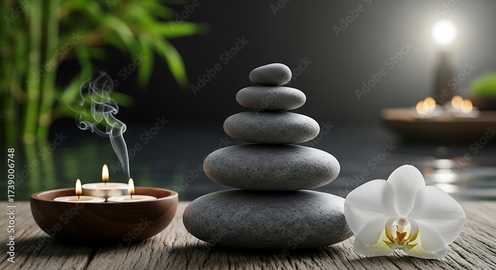 Obraz premium Balanced serenity, zen stones aligned with tranquil ambiance and orchid bloom