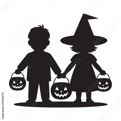Two children in halloween costumes holding hands with pumpkin buckets silhouette