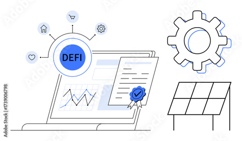 Laptop with DeFi network, finance chart, smart contract certificate, solar panel, and gear icon expressing blockchain, renewable energy, economy, and technology. Ideal for innovation fintech clean
