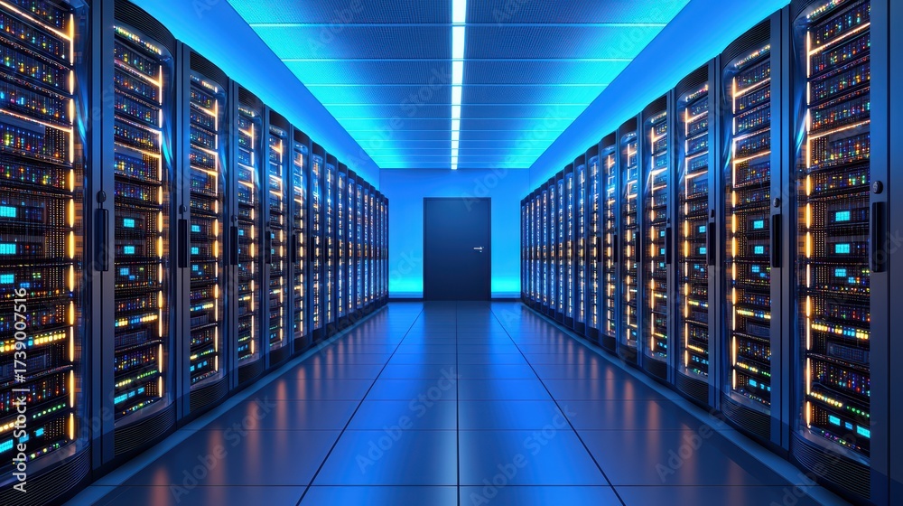 Fototapeta premium Futuristic Data Center Interior with Rows of Servers and Blue Lighting for Technology and Network Concepts