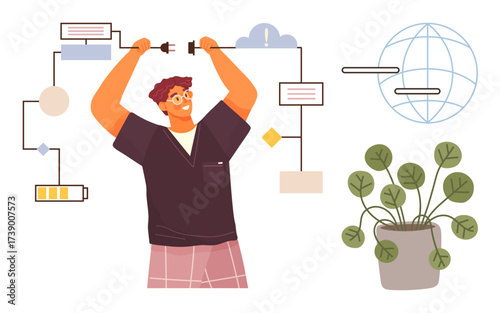 Person linking circuit elements, cloud, and globe outline with plant pot nearby. Ideal for innovation, sustainability, networking, technology, energy teamwork growth. Vibrant flat metaphor