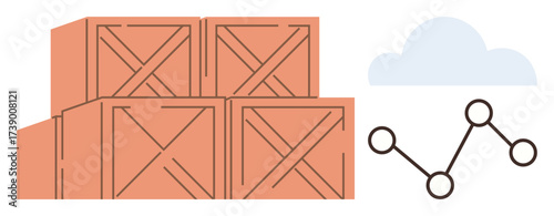 Stacked wooden crates symbolize warehouse storage, paired with a cloud and connected nodes. Ideal for logistics, supply chain, transportation, inventory, smart technology, connectivity, simple flat
