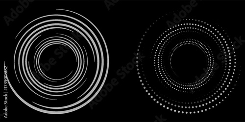 et of black thick halftone dotted speed lines. Speed lines in circle form. Geometric art. Design element for frame, logo, tattoo, web pages, prints, posters, template, abstract vector background.