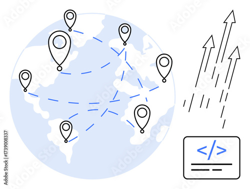 Globe with location markers linked by dotted lines, upward arrows, and a coding window. Ideal for technology, data sharing, global reach, innovation, development connectivity growth. Simple flat