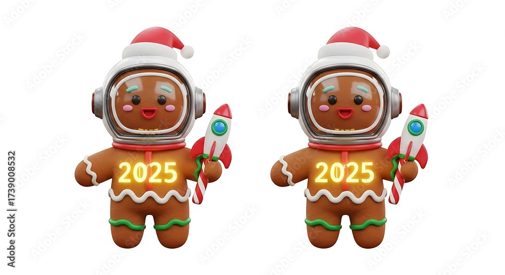 Fototapeta premium Gingerbread astronauts with rocket and santa hat on white