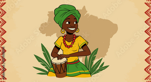 Woman in traditional attire playing a drum with Afro Brazilian Culture Presentation background