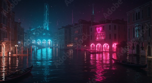 Futuristic venice cityscape with neon lights at night